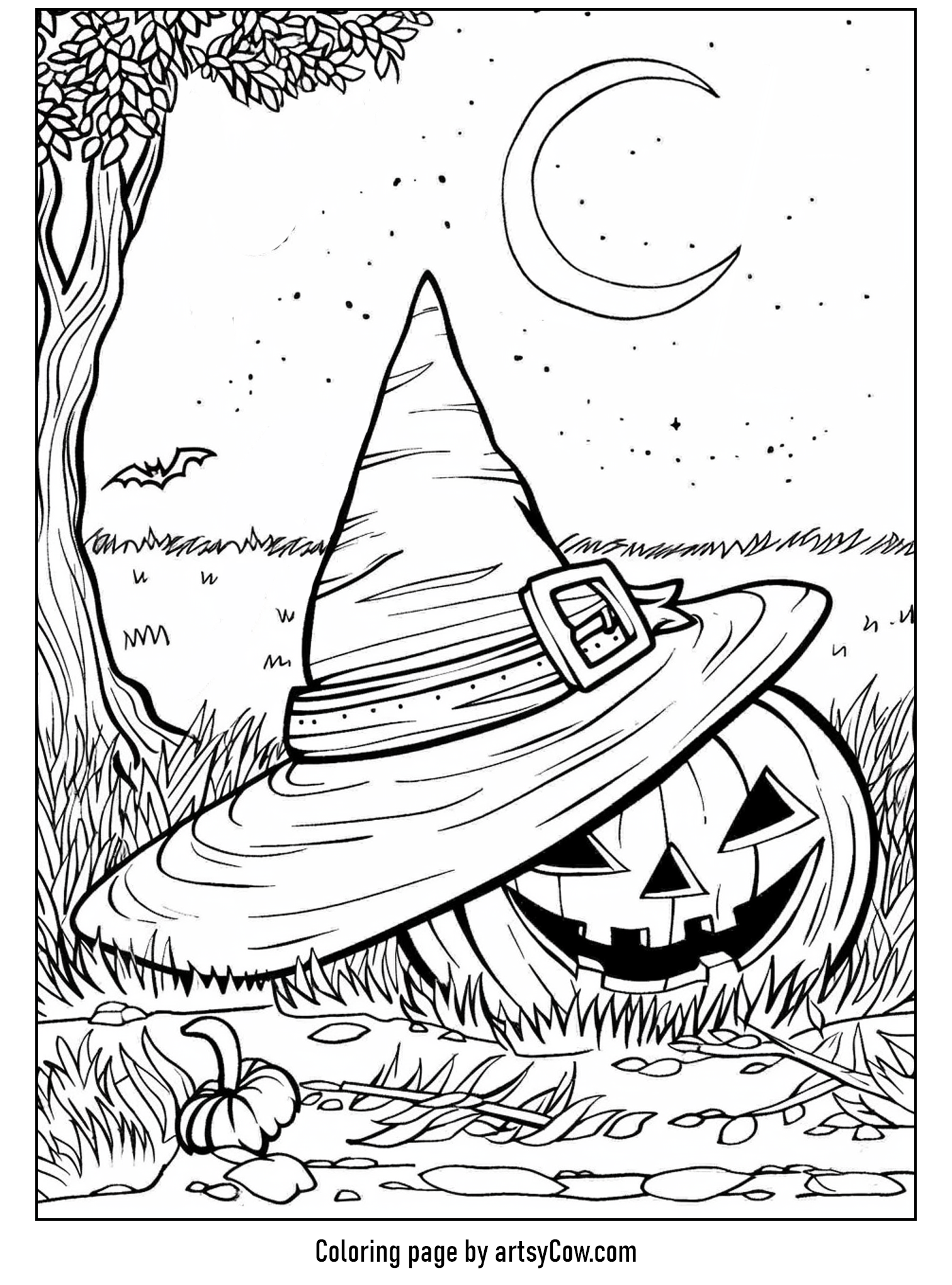 halloween coloring pages with witch hat showing a large witch's hat resting atop a grinning jack-o-lantern in a moonlit scene.